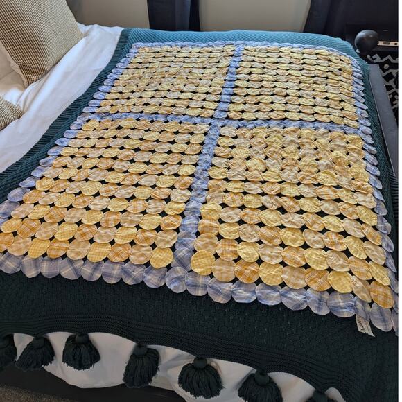 Prairie Lane Yellow Purple Plaid Checkered Yo-Yo Blanket Coverlet - Picture 1 of 7